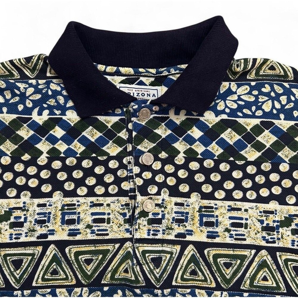 Vintage 90s Arizona Jean Co All Over Print Polo Shirt Aztec Geometric Mens M AOP - Picture 3 of 7